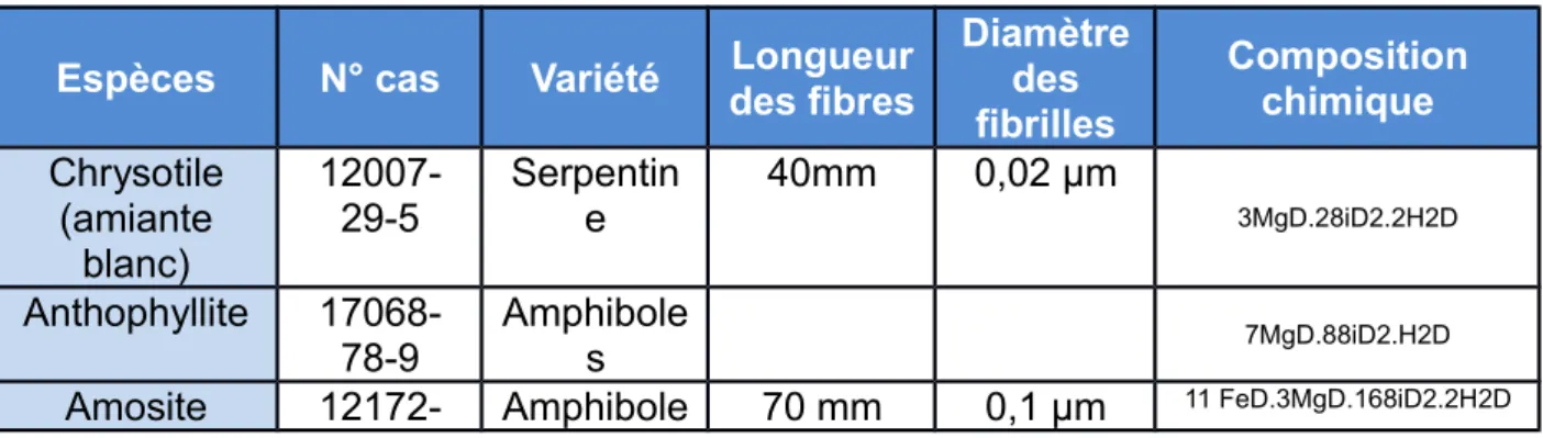 Tableau 1: les différentes variétés et espèces d'amiante