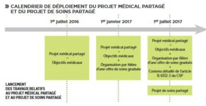 Figure 4 : Calendrier de déploiement du projet médical partagé et du projet de soins partagé (Phare, 2016) 