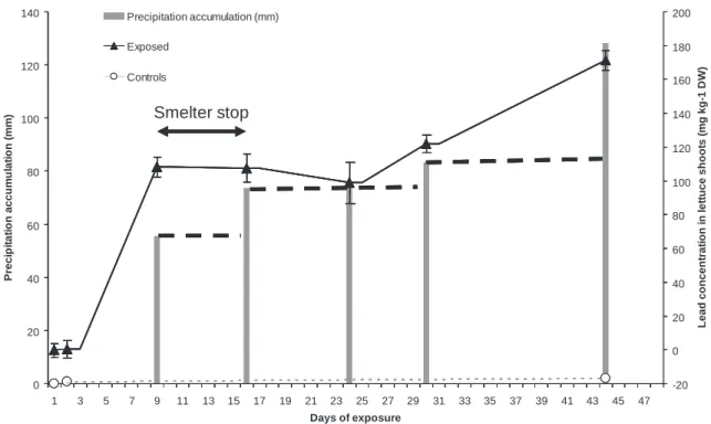 Fig. 2. Relation between lead concentration in lettuces (in mg/kg of dry weight) and precipitation accumulation (mm) since the beginning of the experiment according to the time of exposure under atmospheric fallouts