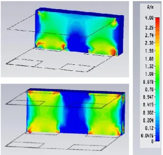 Figure 12 : H z  filed for ML2 0  (top) and ML3 0  (bottom)  As we can see in figure 12, there is a correlation between  the  value  of  H  field  (H z   is  the  component  normal  to  the  planes)  and  the  volume  detection