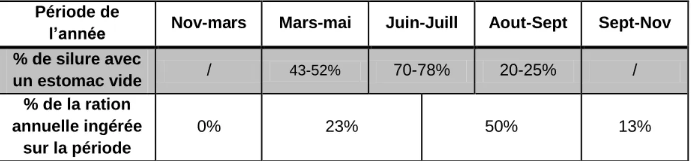 Tableau 1: Evolution du % de silure avec un contenu stomacal vide et du % de la ration annuelle  ingérée selon la période de l'année