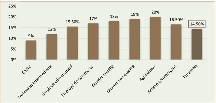 Figure 1 : Fréquence de l'obésité selon les catégories socioprofessionnelles (Source : DREES, 2014) 