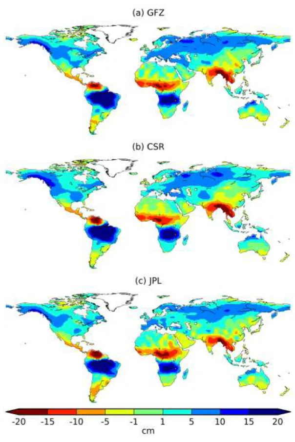 Fig. 3.16 – Moyenne temporelle des stocks de GRACE sur la période août 2002/décembre 2008 pour les produits (a) GFZ, (b) CSR et (c) JPL