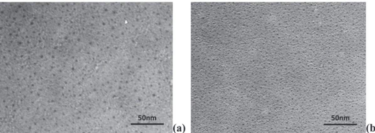 Figure 2. TEM top view of (a) as-deposited Ag NPs grown on a SiO x C y underlayer using a power density of 1.4 W cm −2 on the silver target and (b) the sandwich structure after encapsulation of the Ag NPs with the top SiO x C y layer.