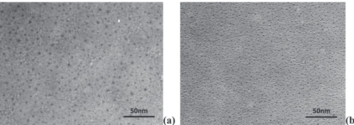 Figure 2. TEM top view of (a) as-deposited Ag NPs grown on a SiO x C y underlayer using a power density of 1.4 W cm −2 on the silver target and (b) the sandwich structure after encapsulation of the Ag NPs with the top SiO x C y layer.