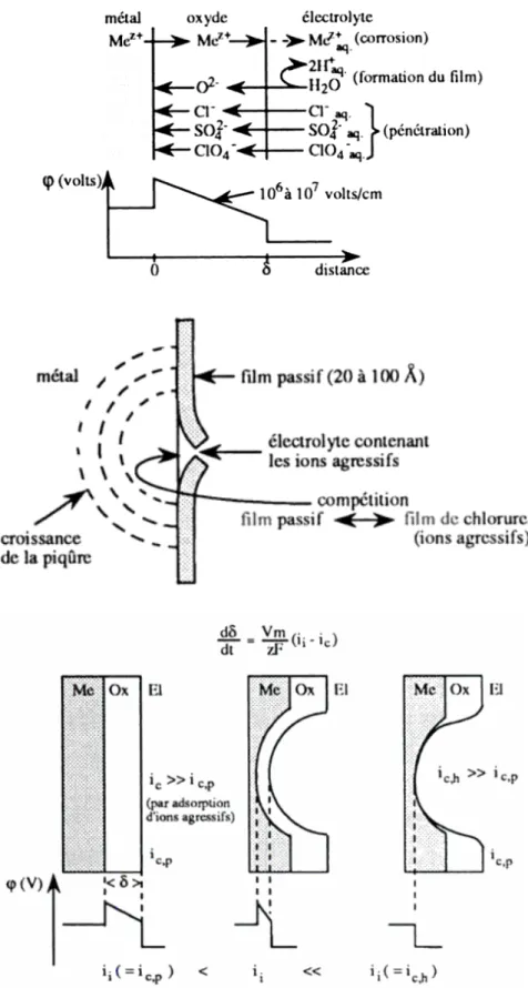 Figure I-8 : Représentation schématique des principaux mécanismes de la rupture de la  passivité : (a) mécanisme de pénétration, (b) mécanisme de rupture de film, (c) mécanisme 