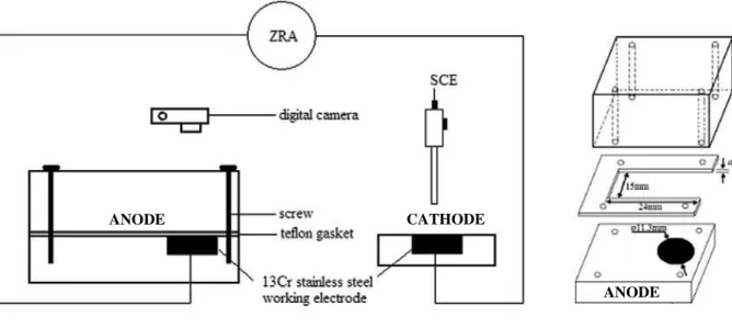 Figure 1-13 : Représentation schématique du montage électrochimique utilisé avec le  dispositif de caverne (à droite), d’après Hu et al