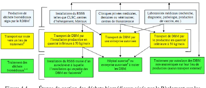 Figure 4.4  Étapes de gestion des déchets biomédicaux visés par le Règlement sur les  déchets biomédicaux (RDBM)  