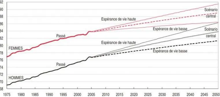 Figure 1 : Évolutions passées et futures de l’espérance de vie à la naissance des femmes et des  hommes entre 2005 et 2050, selon trois hypothèses