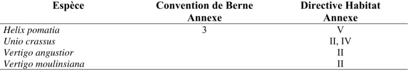 Tableau 1 : Liste des espèces présentes dans la région Nord-Pas-de-Calais et inscrites sur les annexes de la  Convention de Berne et de la Directive Habitat