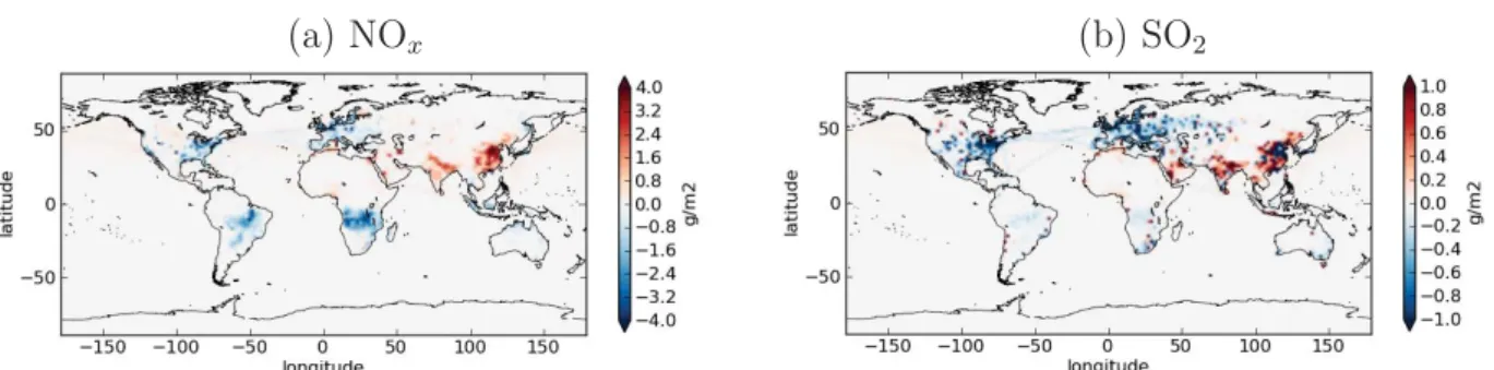 Figure 1.9 – Diﬀ´ erences d’´ emissions de NO x (a) et de SO 2 (d) entre le sc´ enario RCP8.5 de 2030 et les ´ emissions actuelles (repr´ esentatives de 2003) pour la p´ eriode JJAS