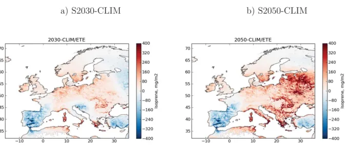 Figure 1.14 – Diﬀ´ erences d’´ emissions de JJAS d’isopr` ene entre 2030 et le climat actuel (a), et entre 2050 et le climat actuel (b)