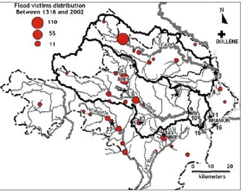 Figure 4 : Victimes des crues rapides dans la région du Gard entre 1316 et 2002.  