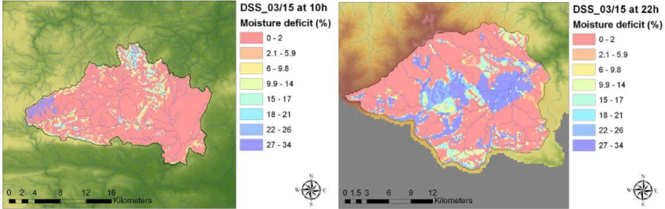 Figure 116: Maximal soil saturation for 15/03/2011 event; (left) Verdouble at Tautavel at 10h00,  (right) Tech at Pas du Loup at 22h00