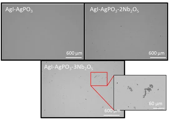 Figure 2.16. Micrographies MEB (mode BSE) des verres du système AgI-AgPO 3 -xNb 2 O 5 