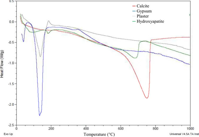 Figure  27 :  Differential  scanning  calorimetry  of  calcite,  gypsum,  plaster  and  Ca- Ca-HA Powder