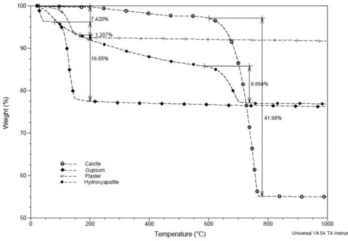 Figure  28:  Thermogravimetric  analysis  of  calcite,  gypsum,  plaster  (α)  and  Ca- Ca-HA Powder