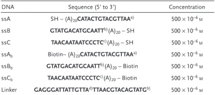 Table  1.  List  of  DNA  sequences;  the  complementary  sequences  are  marked (see footnotes): sequence (a) could only hybridize with sequence  (b) and sequence (c) could only hybridize with sequence (d).