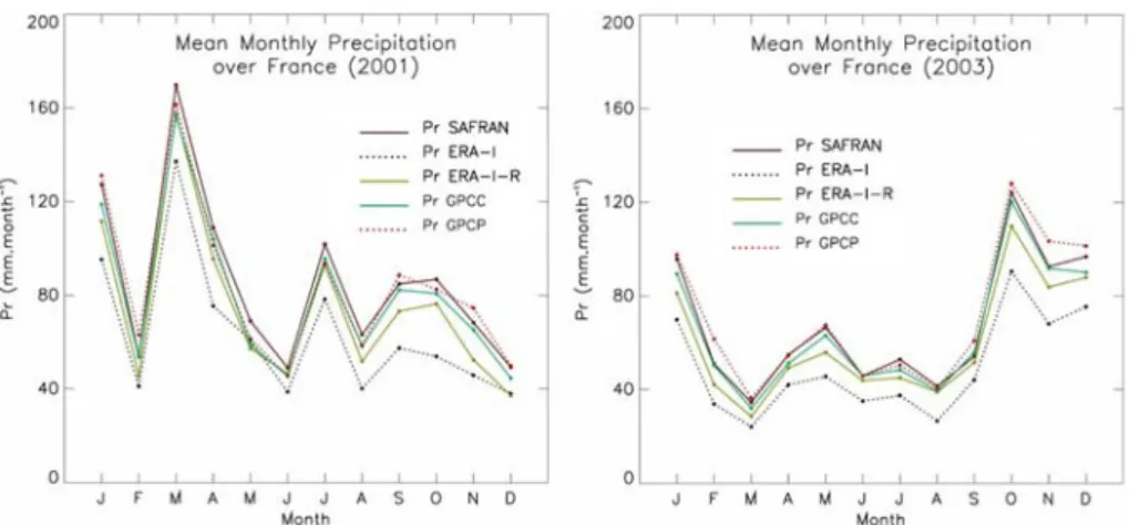 Fig. 4. Mean monthly precipitation over France for SAFRAN, ERA-I, ERA-I-R, GPCC and GPCP: (left) 2001, and (right) 2003.