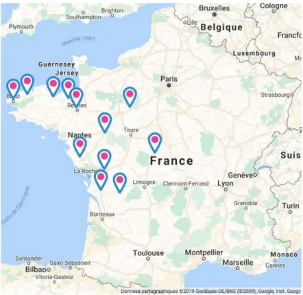 Figure 9 : Répartition des établissements CERP Bretagne Atlantique en France. (30) 