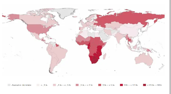 Figure 11 : Prévalence du VIH à travers le monde en 2009 16