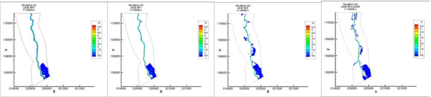 Figure 5-18 : Résultat TELEMAC 2D pour les maillages :  rf0 - rf1 - rf2 - rf2_LIDAR 