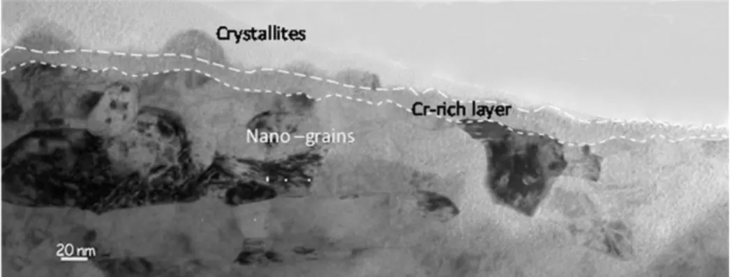 Figure IV-110 : Image en champ clair de la section transverse d’une plaquette rectifiée et oxydée sous air à  400°C pendant 500h