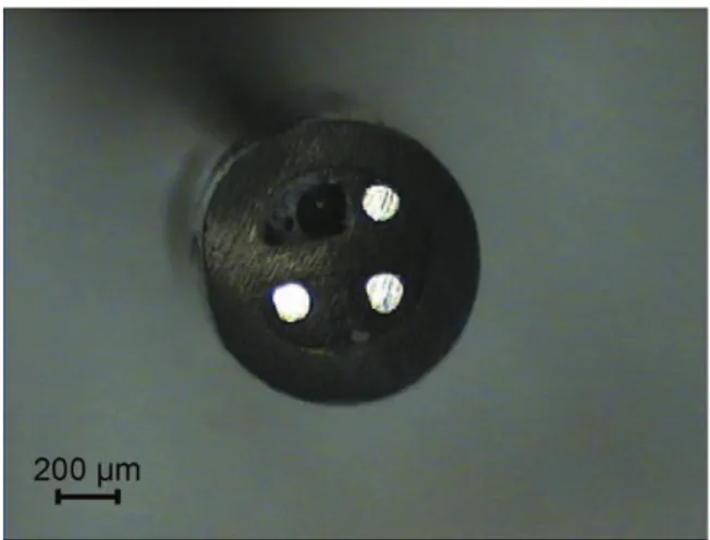 Fig. 1. Optical image of a silver tri-electrode used for LEIS measurement. Each wire is 100 mm in diameter.