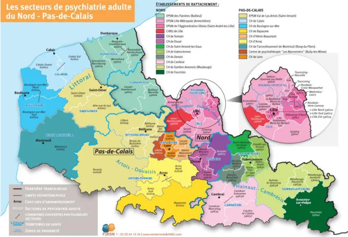 Figure 1 : Les secteurs de psychiatrie adulte du Nord - Pas-De-Calais 