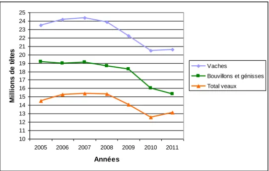Figure 11 : Evolution des cheptels de vaches, bouvillons et génisses et veaux de 2005 à 2011  