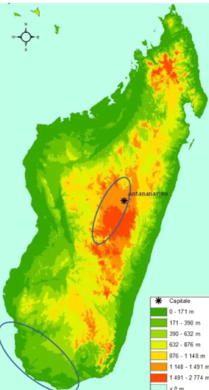 Figure 4. Zones d’absence (cercles bleus) d’Amblyomma variegatum à Madagascar   (d'après Raliniaina 2003 et Walker et al