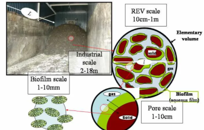 Figure  1:  Industrial  composting  process  and  the  different  scales  associated,  from  the  biofilm  scale  (1mm)  to  the  industrial one (10m) 