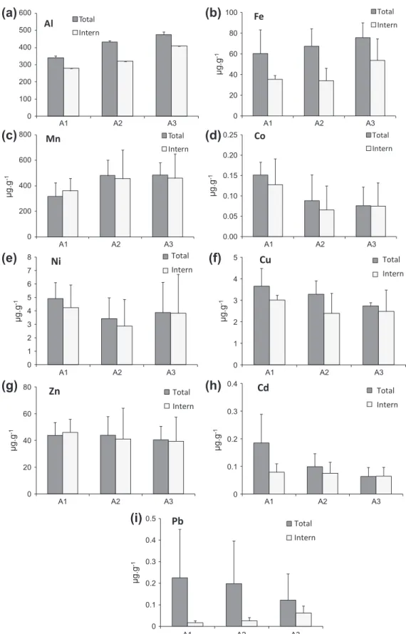 Fig. 1. Trace metal concentrations ( l g g 1 ) in total and internal parts of needles for the current year (A1), one-year-old needles (A2), and two-year-old needles (A3) for (a) Al, (b) Fe, (c) Mn, (d) Co, (e) Ni, (f) Cu, (g) Zn, (h) Cd, and (i) Pb