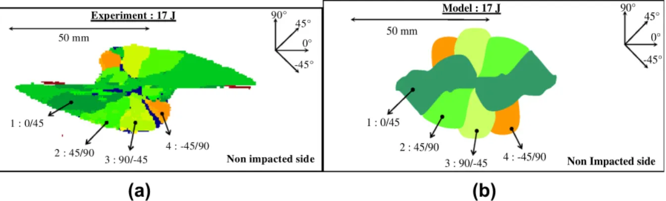 Fig. 11. Comparison between delaminated interfaces obtained experimentally (a) and numerically (b) after a 17-J impact test.