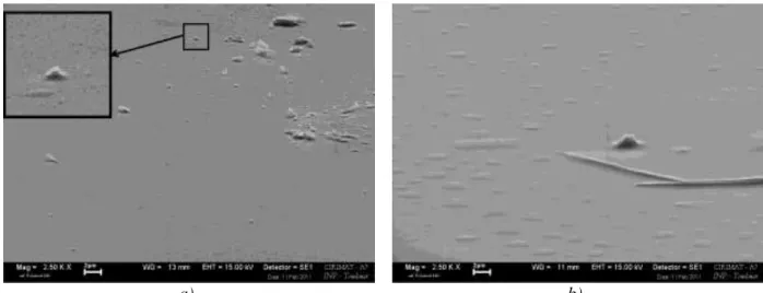 Figure 2.5: SEM images for a) 45 min of polymerization on Si/SiO x    and b) 150 min polymerization on Si(111) 