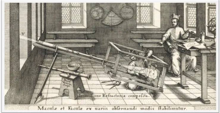 Illustration ci-dessus 52  : Christoph Scheider utilisant son télescope avec système de projection  des rayons solaires sur écran, 1612