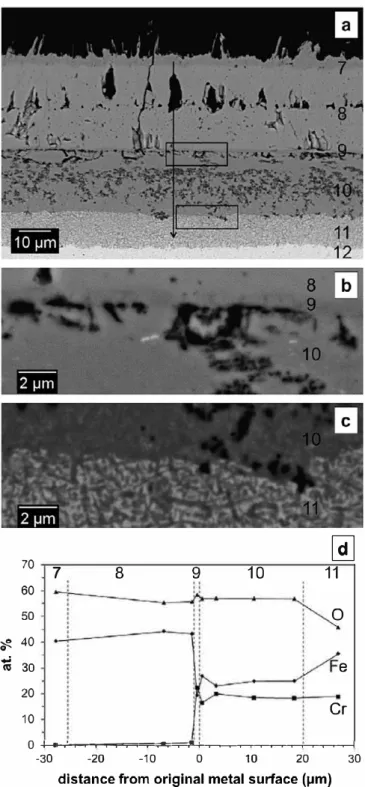 Fig. 8. Raman spectra of oxide phases in Fe-rich multilayer oxide grown on Fe-20Cr  reacted 120 h in Ar-20C0 2  (numbers defined in  Fig