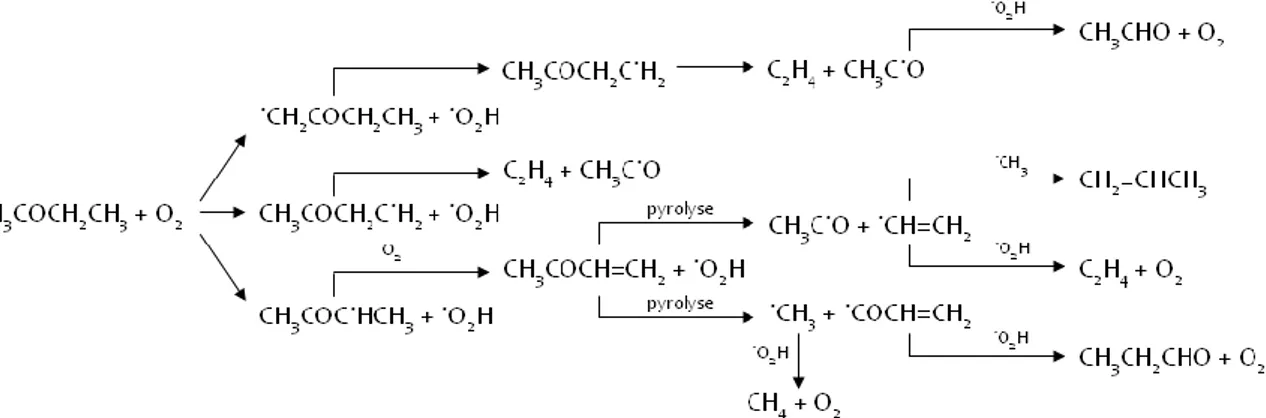 Figure 1.29 : schéma réactionnel de l’oxydation thermique de la méthyléthylcétone, selon [Klaeyle, 1993] 