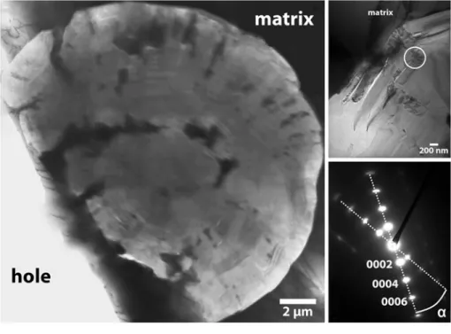 Fig. 3 Bright field image of graphite stacking along a sector of a spheroid and selected area diffraction patterns associated to the numbered areas in the image