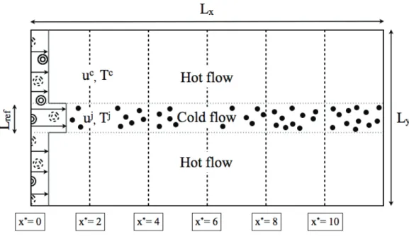 Figure 1: Scheme of the two-dimensional non-isothermal jet. The cold jet at the center is embedded with cold particles while the co-flow is a hot gas void of particles