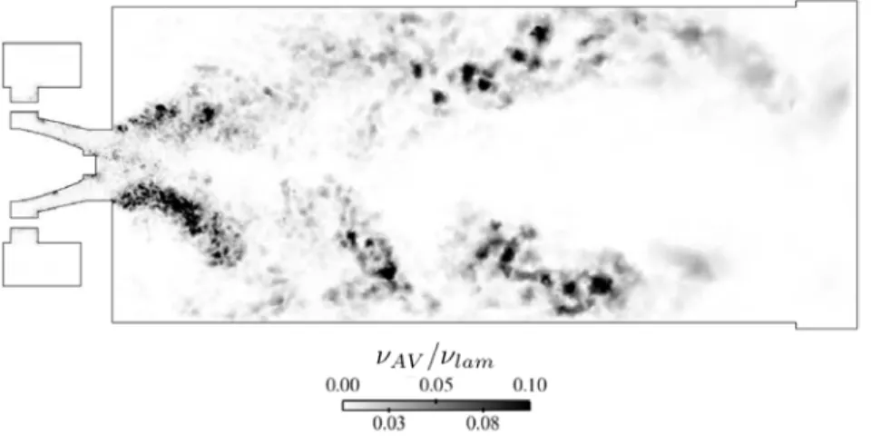 Figure 9.13: Ratio of turbulent to laminar viscosity corresponding to an instantaneous solution of Case RUM_Ev21.