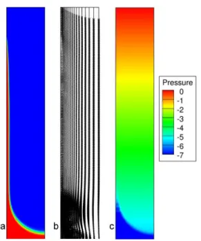 Figure II.4 – Simulation of the drainage of a liquid phase (HRIC, Co = 0.25, Ca = 0.005), (a) Volume fraction, (b) Velocity Profile, (c) Pressure distribution