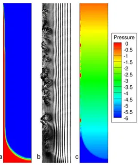 Figure II.7 – Simulation of drainage with spurious currents along the liquid film (CIC- (CIC-SAM, Co = 0.05, Ca = 0.03)), (a) Volume fraction, (b) Velocity Profile, (c) Pressure distribution