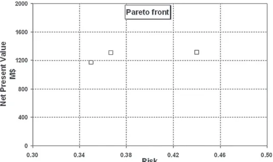 Fig. 8. Pareto front for the optimization Net Present Value/Risk for 9-drug optimized portfolio.