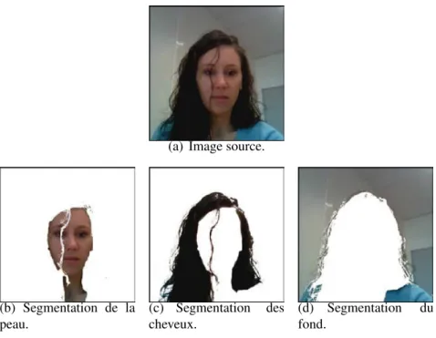 Figure 1.19 – Segmentation de l’image source en trois catégories : la peau, les cheveux et le fond.