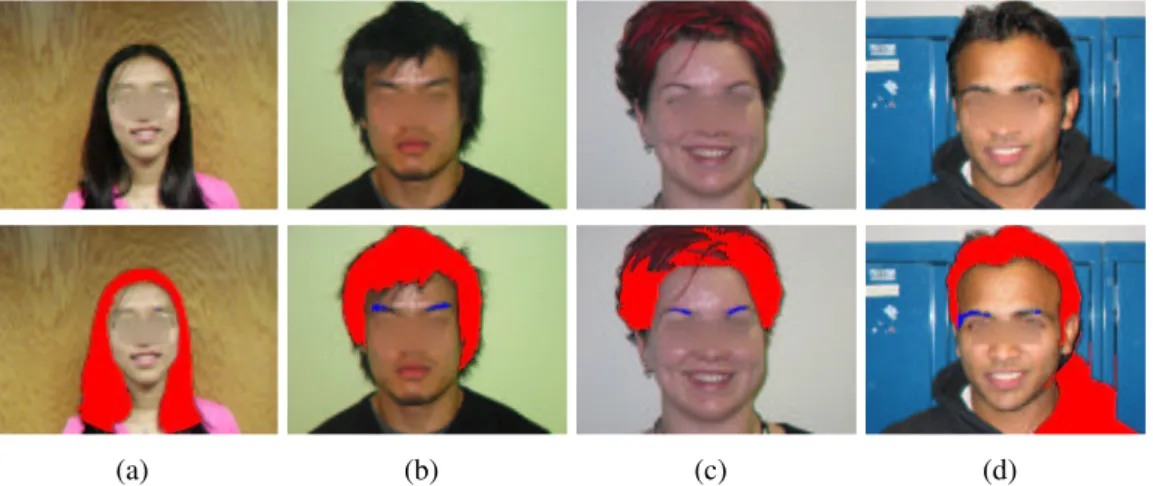 Figure 2.5 – Quatre résultats de segmentation des cheveux : deux corrects et deux erronés - Source [85]
