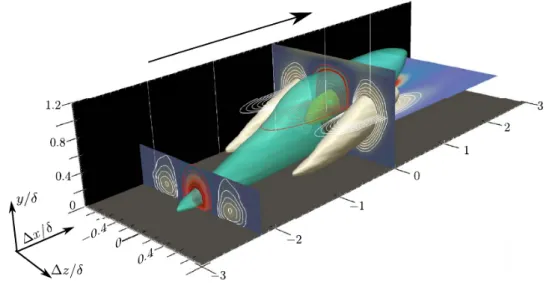 Figure 2.4 – Three-dimensional representation of the correlation of the streamwise velocity fluctuations for boundary layer at Re τ = 1530