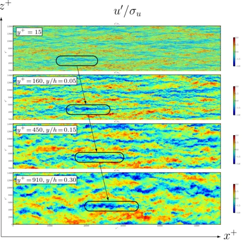 Figure 2.5 – Instantaneous streamwise velocity fluctuation fields at different wall distance from DNS of channel flow at Re τ = 3000 [data from L