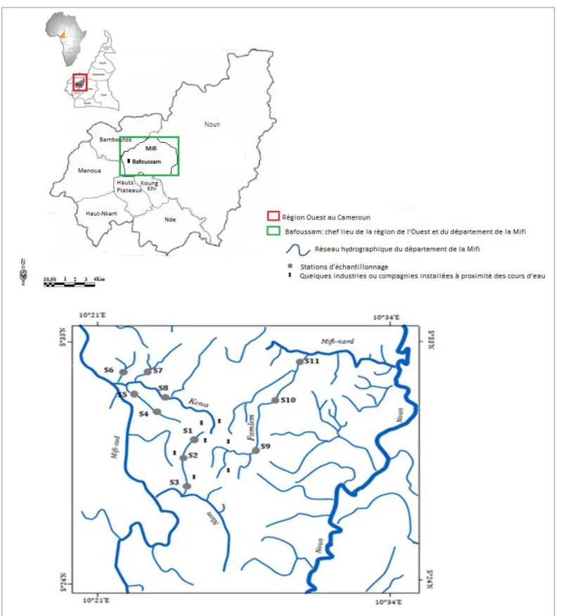 Figure 6 : Sous-bassins versants du Nlem, Mifi sud et Nord présentant les différentes stations                  d’échantillonnage (Source : CUB  2015, modifié)
