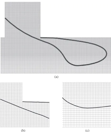 Fig. 4. Mesh used in the simulations. Details of the mesh at (a) the T-junction zone, (b) the gas thread formation zone, and (c) zone at the bottom of the bubble, where the vertical diminishing can be observed